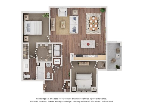 Floor plan for 2 beds, 2 baths, 1058 sqft